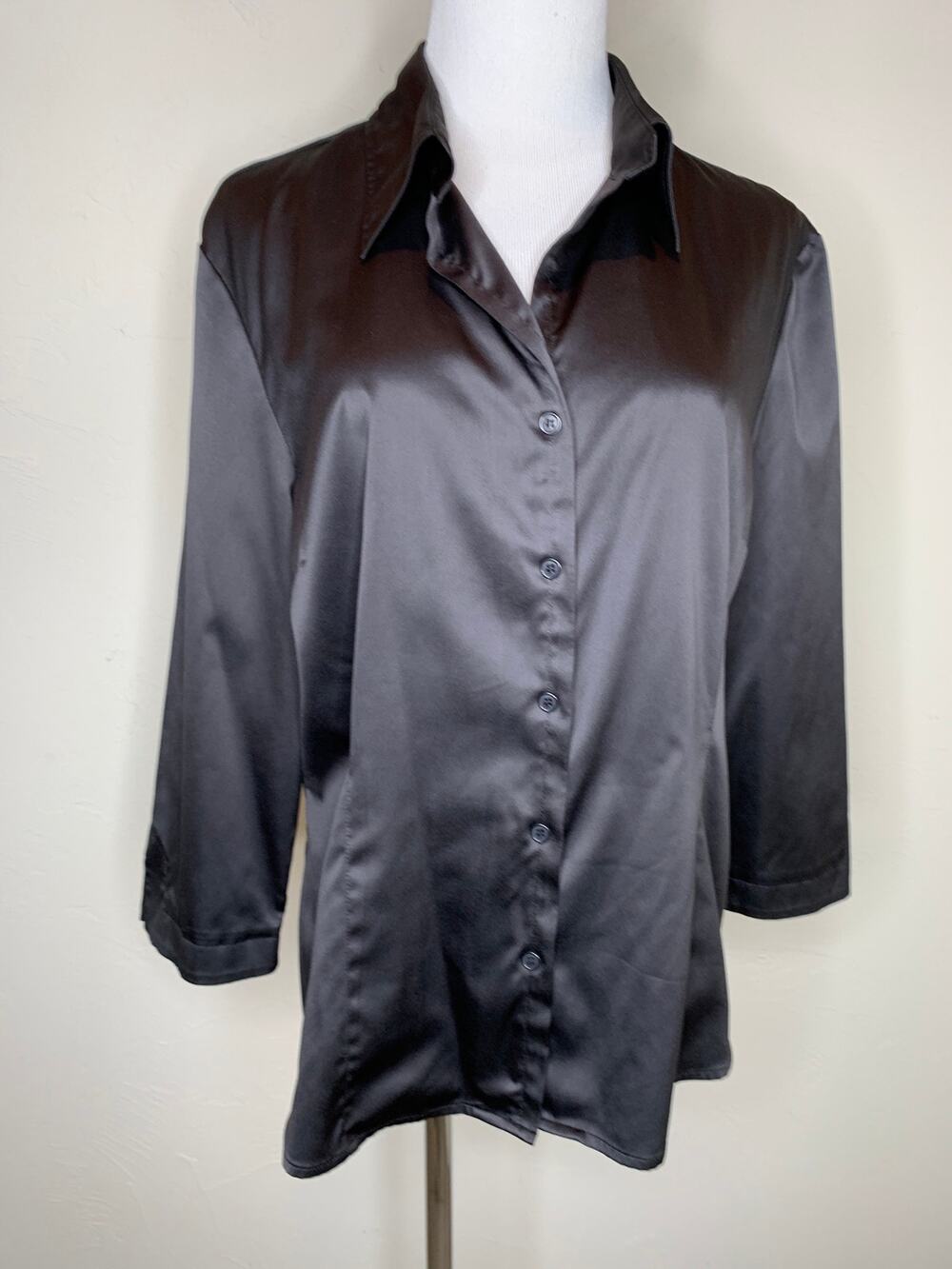 Fred David Black Satin Blouse Sz XL Glam Office Siren